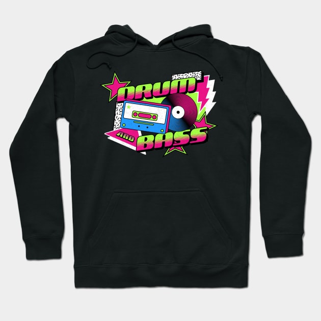 DRUM AND BASS  - 90s Steez (lime/pink) Hoodie by DISCOTHREADZ 